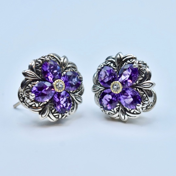 Barbara Bixby Sterling & 18K Amethyst Flower Button Earrings